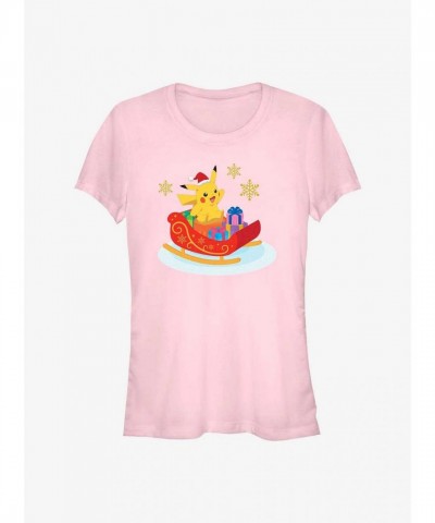 Pokemon Pikachu Winter Sleigh Adventure Pink T-Shirt for Girls