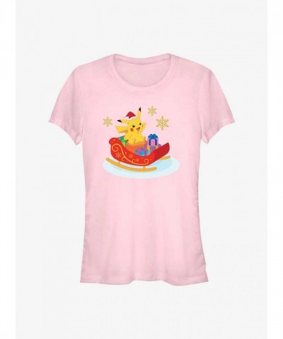 Pokemon Pikachu Winter Sleigh Adventure Pink T-Shirt for Girls