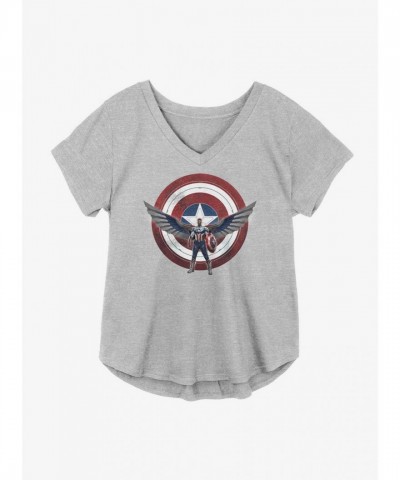 Marvel The Falcon and Winter Soldier Shield Wielding Girls V-Neck Plus Size T-Shirt - Grey