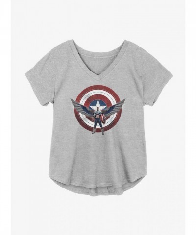Marvel The Falcon and Winter Soldier Shield Wielding Girls V-Neck Plus Size T-Shirt - Grey
