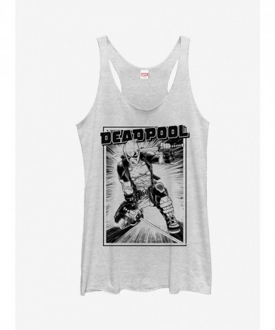 Marvel Deadpool Grayscale Katana Girls Tank Top - White