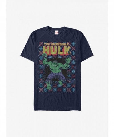 Marvel Hulk Smash Christmas Sweater T-Shirt - Lightweight Blue Men's