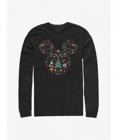 Disney Mickey Mouse Holiday Graphic Tee - Men's Black Cotton Long Sleeve