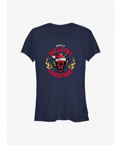 Stranger Things Hellfire Christmas Tee for Girls - Blue Junior Size