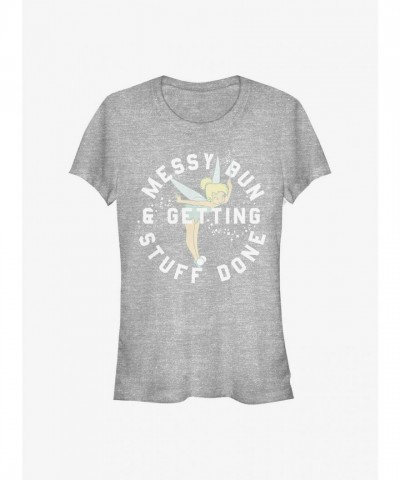 Disney Tinker Bell Girls Grey Messy Bun T-Shirt - Lightweight & Stylish