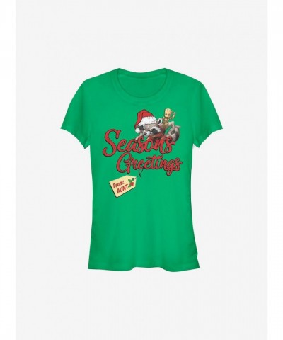 Marvel Rocket Raccoon Greetings from Aunt Holiday Girls T-Shirt - Junior Size Green