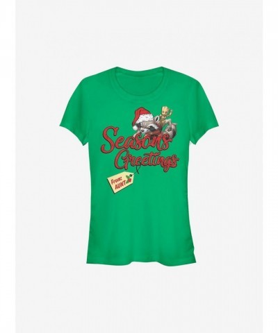Marvel Rocket Raccoon Greetings from Aunt Holiday Girls T-Shirt - Junior Size Green
